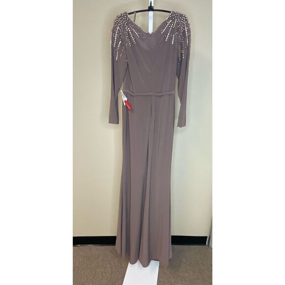 Mac Duggal NWT Faux Wrap Jersey Gown w/Embellished Accents in Mocha Size 2 - Picture 6 of 7